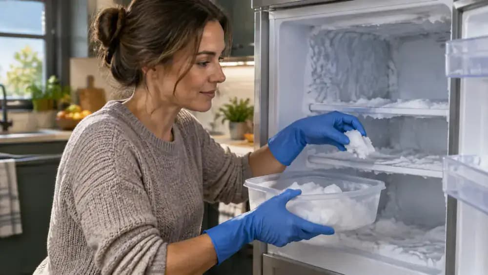 Homeowner wearing gloves carefully lifting loosened frost pieces from freezer floor and shelf edges into a container
