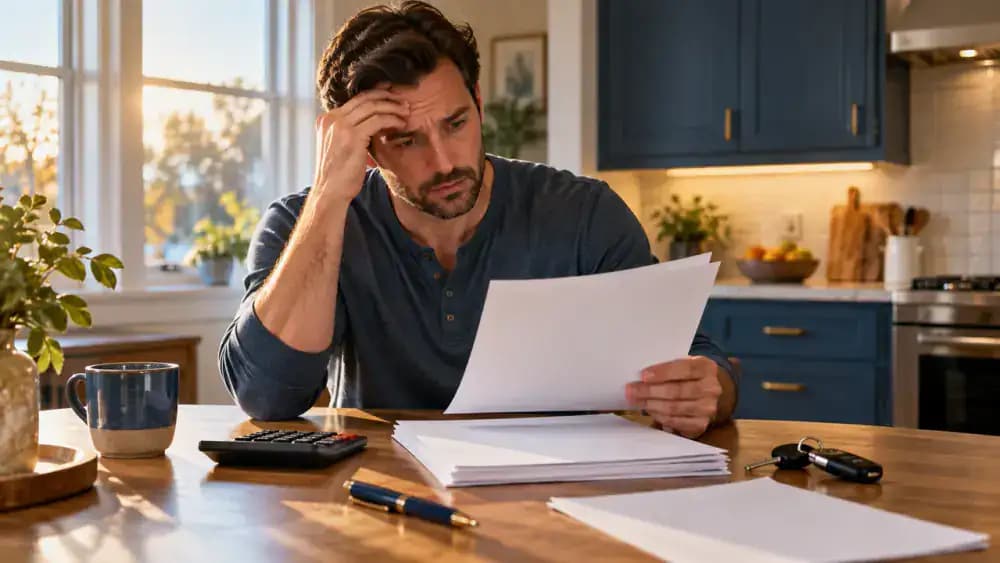 Concerned car owner reviewing financial documents while sitting at a kitchen table.