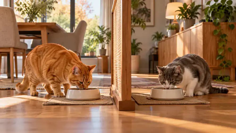 Orange tabby and fluffy gray-and-white cat eating peacefully at individual feeding stations on opposite sides of a solid freestanding divider in an open-plan dining room.