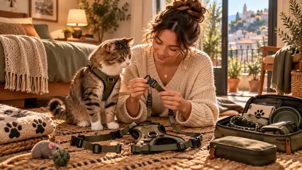 Cat wearing a familiar harness while an owner checks a spare harness for secure buckles and stitching