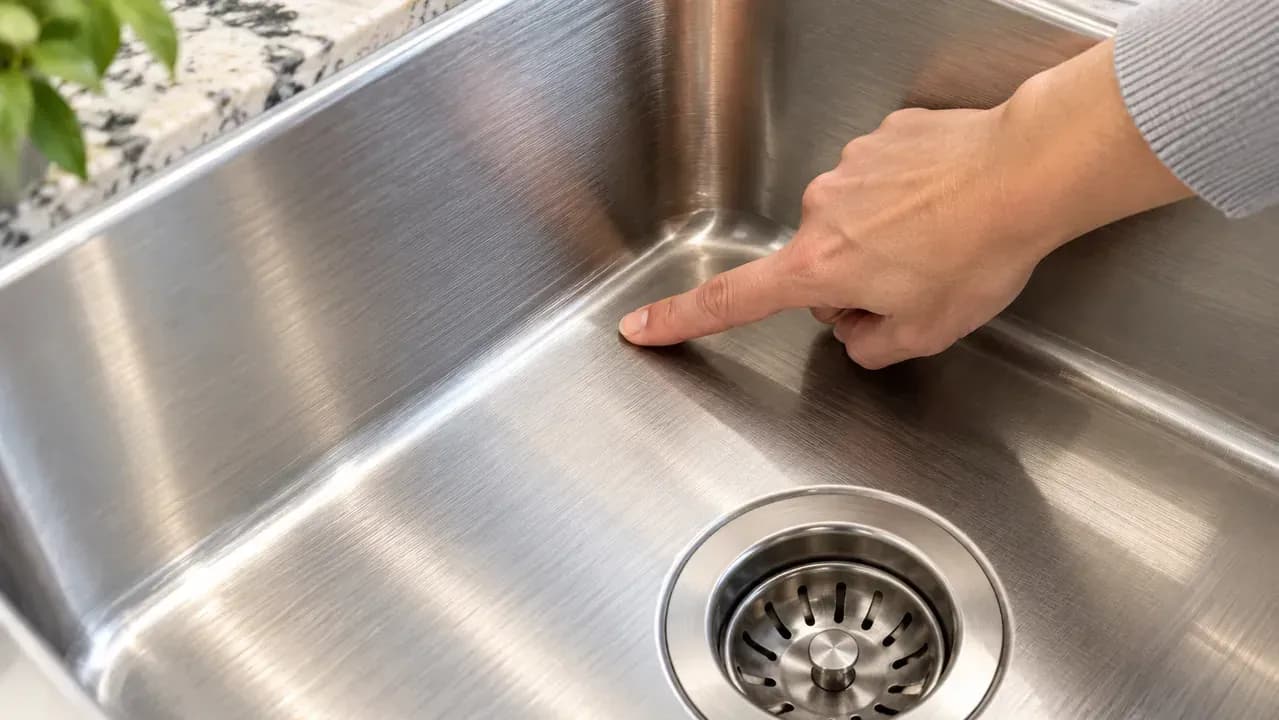 Close overhead view of a homeowner pointing along faint stainless steel grain lines on the sink basin floor and side wall before cleaning.