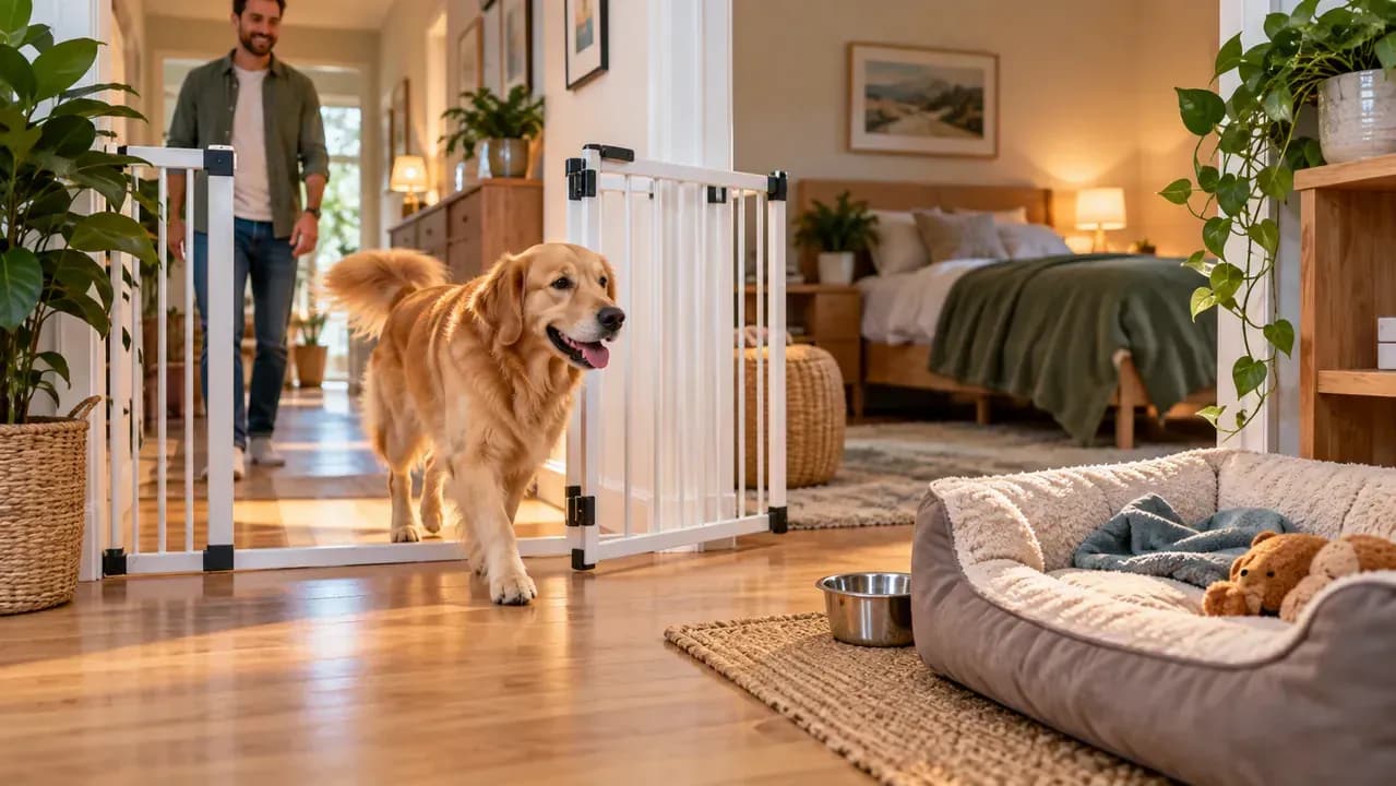 Dog freely entering and leaving a resting area beside an open baby gate