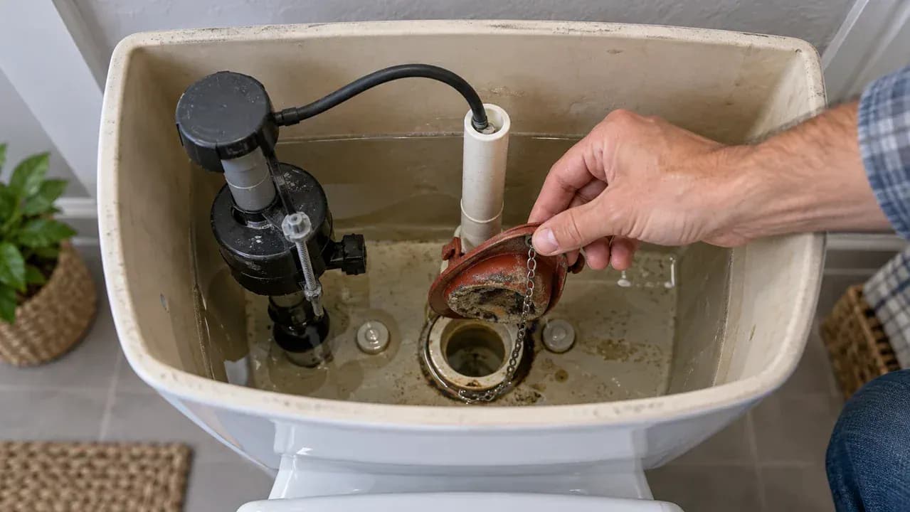 Overhead close-up inside a mostly drained toilet tank as a hand gently lifts the rubber flapper to inspect its underside, sealing edge, flush valve opening, mineral residue, and slight warping.