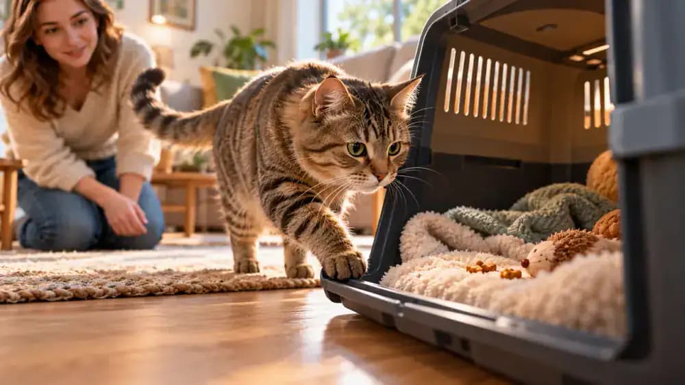 Tabby cat voluntarily entering an open carrier with treats and bedding, dog enjoying a familiar walk and exploring a supervised play area, and caregiver observing a trial boarding visit.