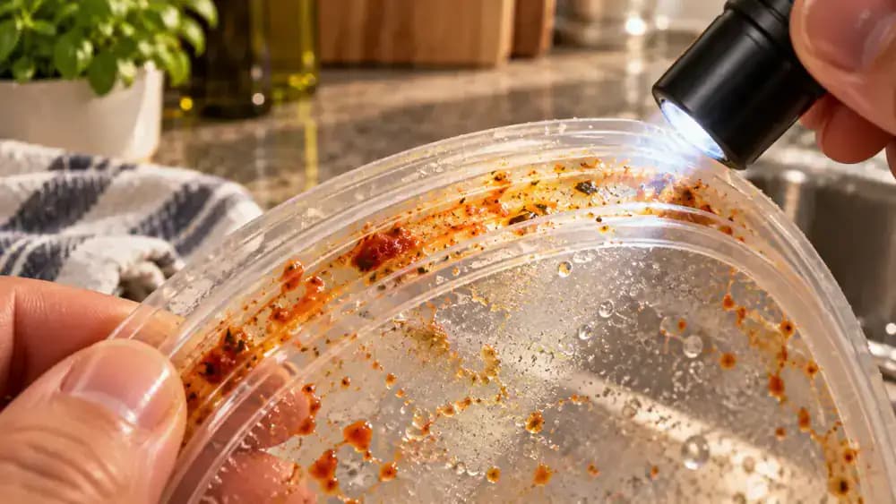 Extreme close-up of a plastic food container lid held upright while a flashlight illuminates orange tomato particles and an oily film trapped inside the narrow gasket groove, with the removed gasket resting on a towel in the background.