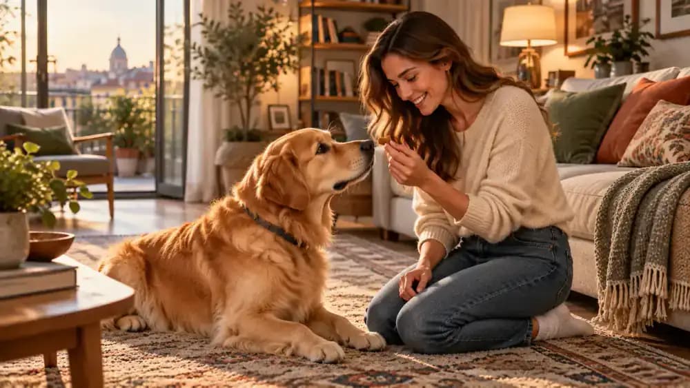 Owner kneeling beside a golden retriever and offering a small treat after saying the recall cue