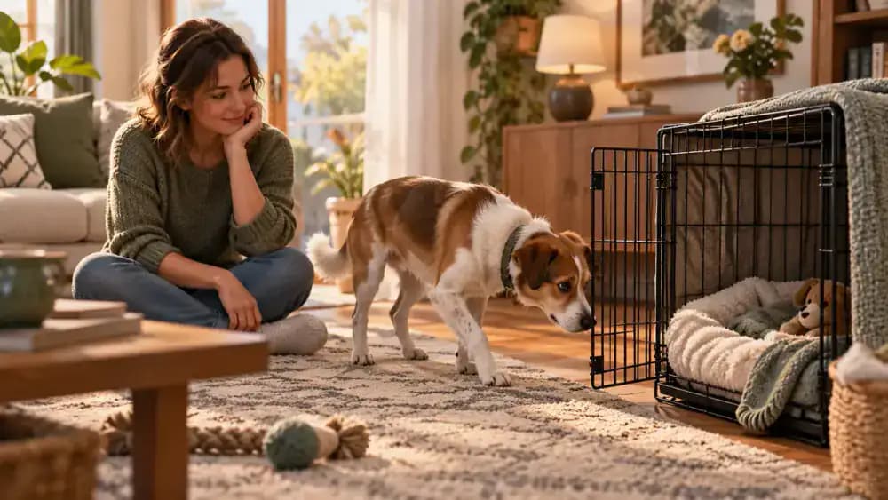 Open dog crate with comfortable bedding in a quiet corner