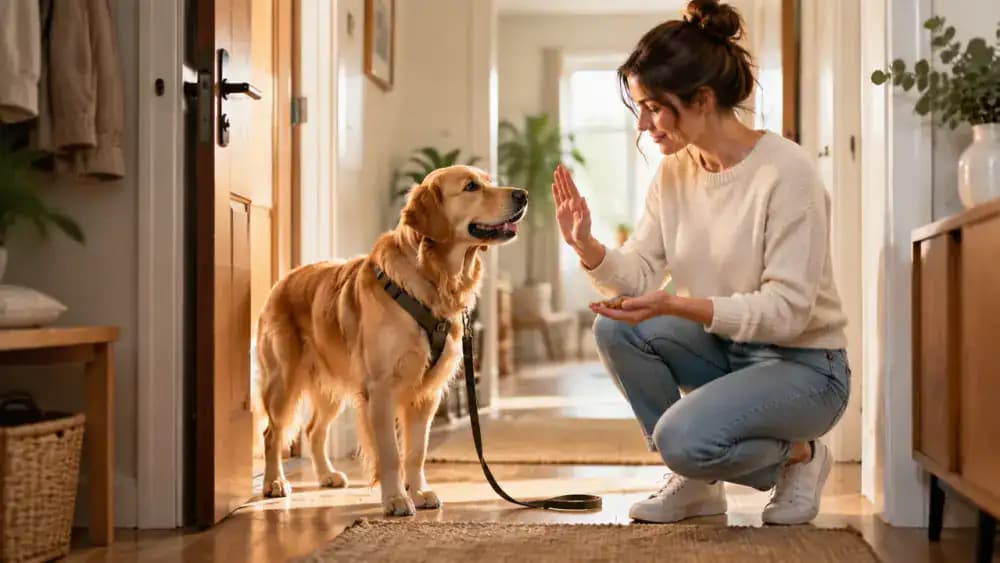 An owner facing their dog near a closed interior doorway, calmly giving the wait cue and rewarding the dog for remaining inside.