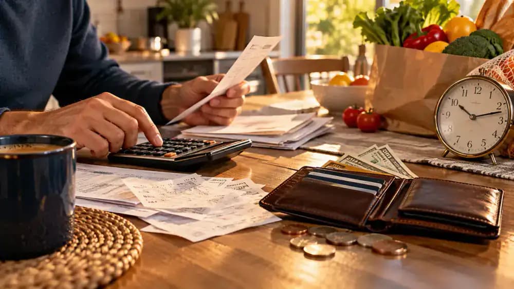 Household bills, grocery bag, wallet, and analog clock representing a tight repayment deadline.