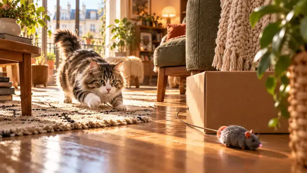 Cat toy moving away and around furniture