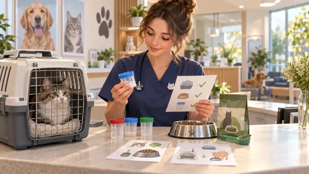 Veterinary receptionist beside a secure cat carrier, dog leash, and labeled sample container