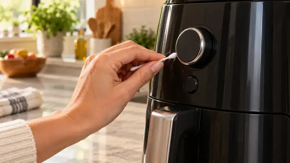 Close-up of a hand using a barely damp cotton swab around a raised appliance button and knob while a folded microfiber cloth cleans a narrow control-panel seam.