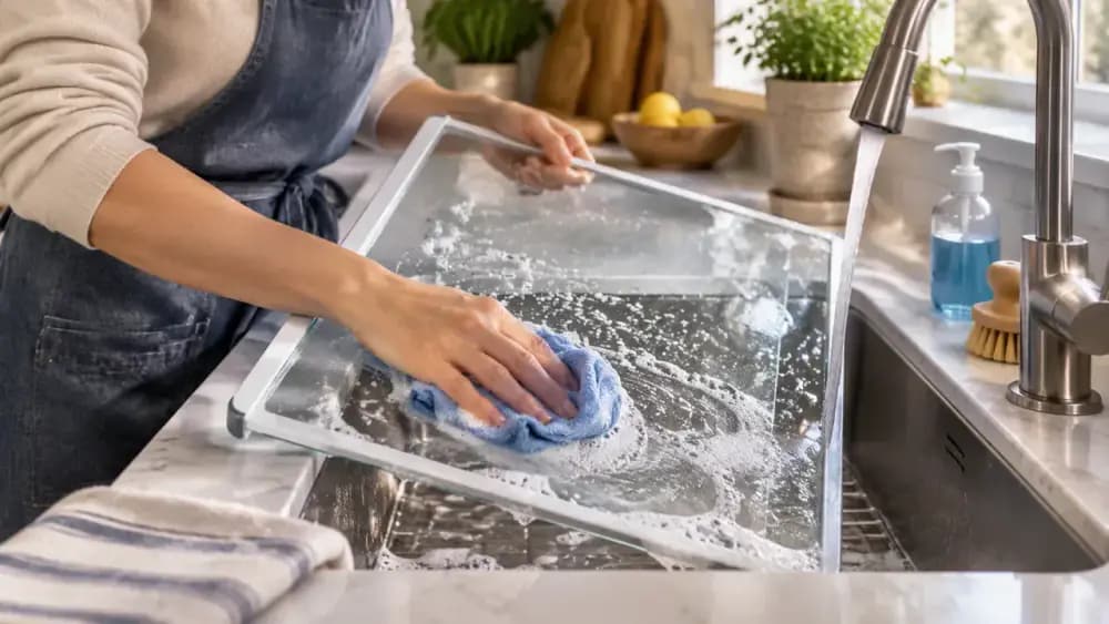 Hands cleaning a removed refrigerator glass shelf in a kitchen sink with cool water, mild soap, and a soft cloth