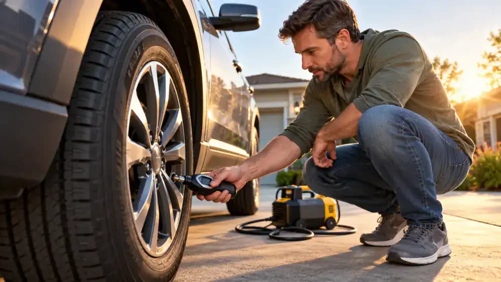 Close-up of a driver pressing a handheld digital tire pressure gauge onto the front tire valve stem of a parked SUV while holding the removed valve cap in the other hand.