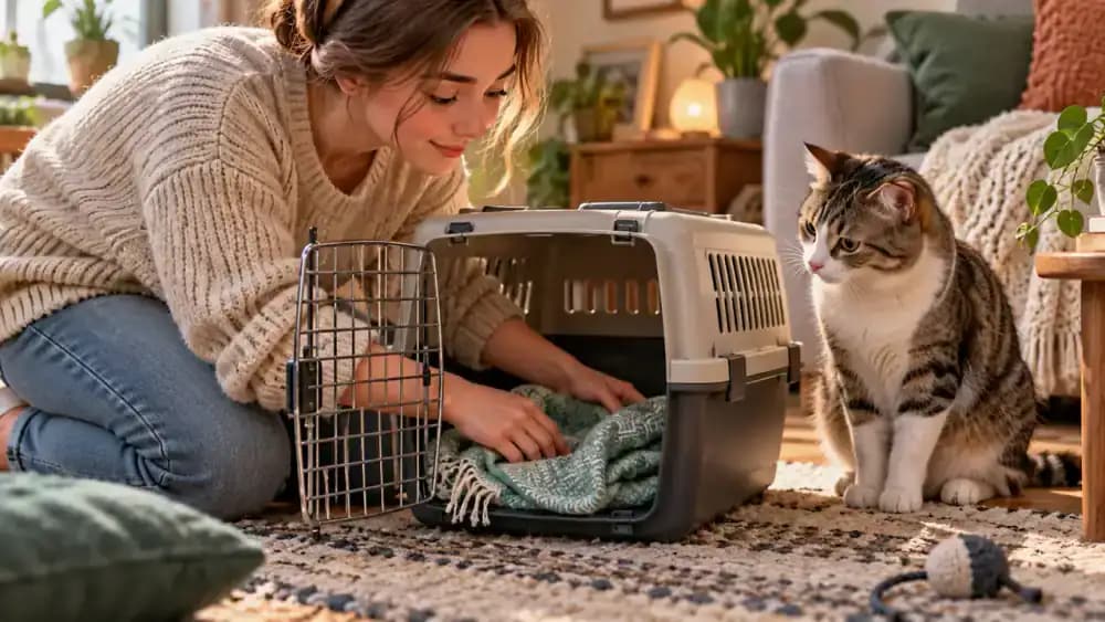 Cat approaching an open carrier with treats spaced gradually across the floor