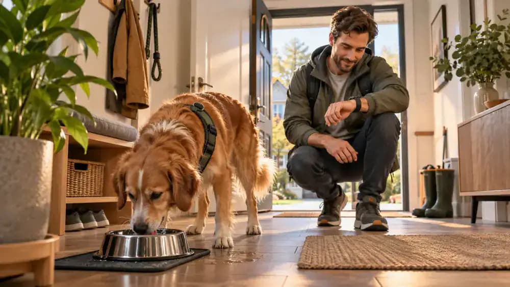 Dog drinking water in a sunny entryway after a gentle neighborhood walk while the owner checks the clock.