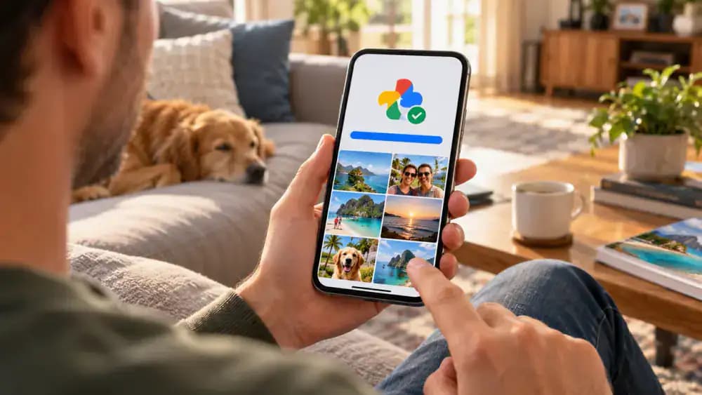 Adult checking the Backup complete status in the Google Photos profile menu on a smartphone, with recent family vacation photos visible below and no images selected.