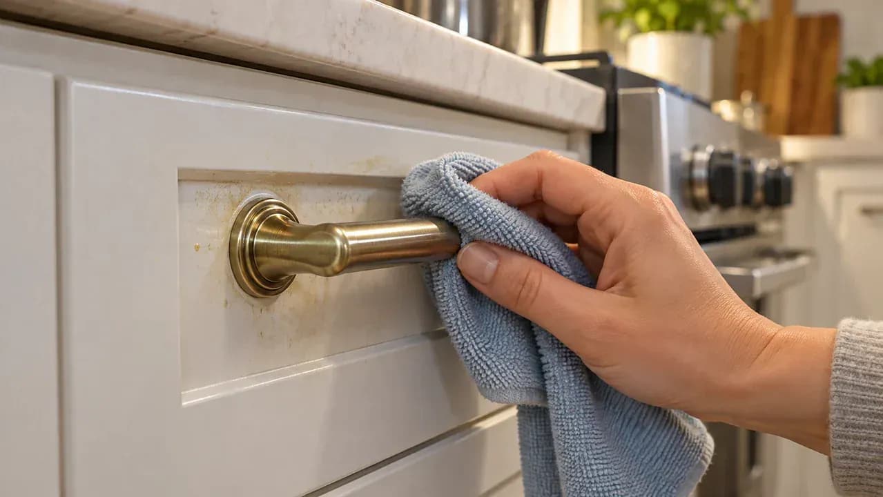 Close-up of a hand using a lightly dampened microfiber cloth folded over one fingertip to clean around a metal cabinet pull, painted door edge, and narrow seam without soaking the joint.