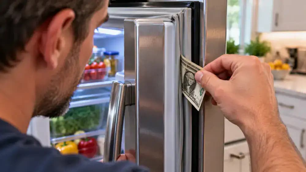 Close-up of a hand gently pulling a US one-dollar bill from between a closed stainless steel refrigerator door and its rubber gasket to check seal contact.