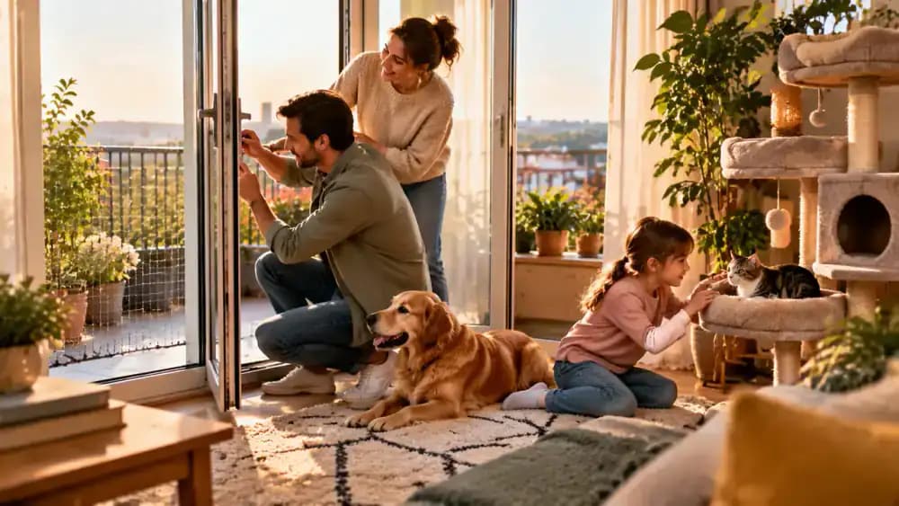 Family checks an apartment for pet safety, reviews housing permission, identifies a quiet retreat, and discusses responsibilities while an existing cat rests on a secure perch.