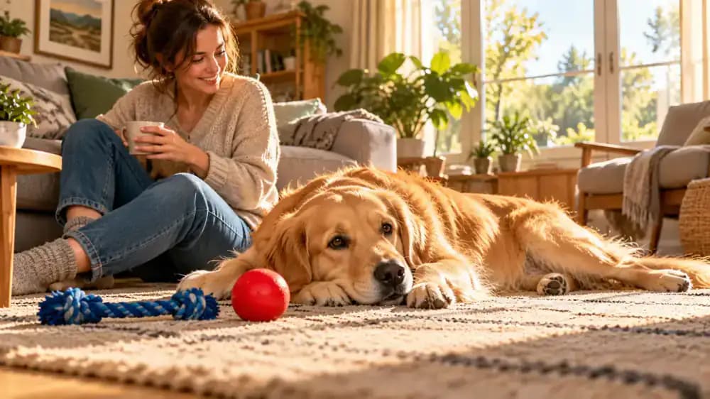 Dog practicing with a red ball while its owner waits with relaxed hands, followed by a short play break.