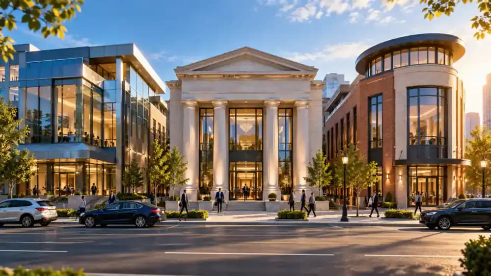 Three different financial institution buildings representing banks, credit unions, and manufacturer-affiliated lenders.