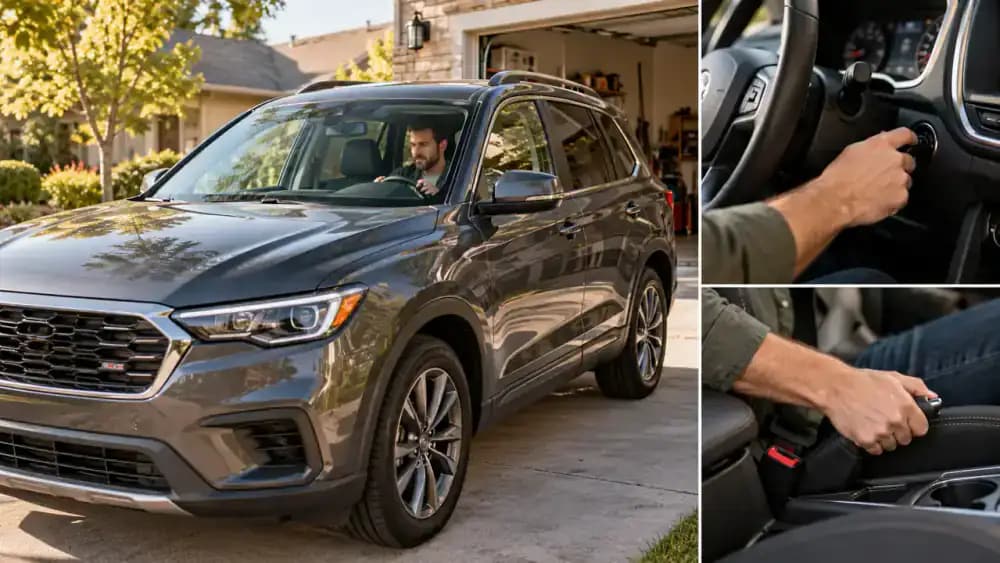 Modern SUV parked on a level residential driveway while the driver prepares to inspect the tires with the engine off and parking brake engaged.