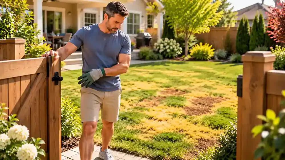 Homeowner wearing gardening gloves and closing a backyard gate to keep a dog and children away from a lawn inspection area.