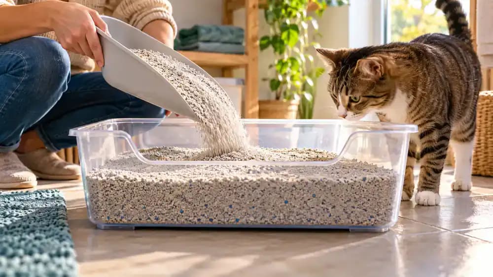 Transparent cat litter box with measurement markings at two and three inches as fresh litter is poured and leveled, with a small broom nearby for clearing scattered granules.