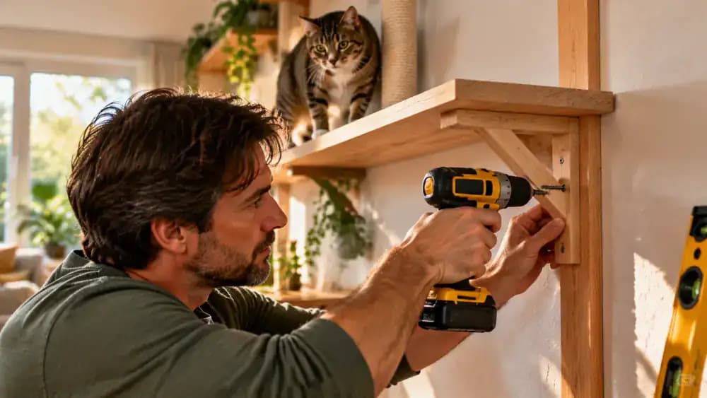 Close-up of a cat owner locating wall studs, checking mounting hardware, fastening a sturdy shelf bracket, and reviewing installation instructions.