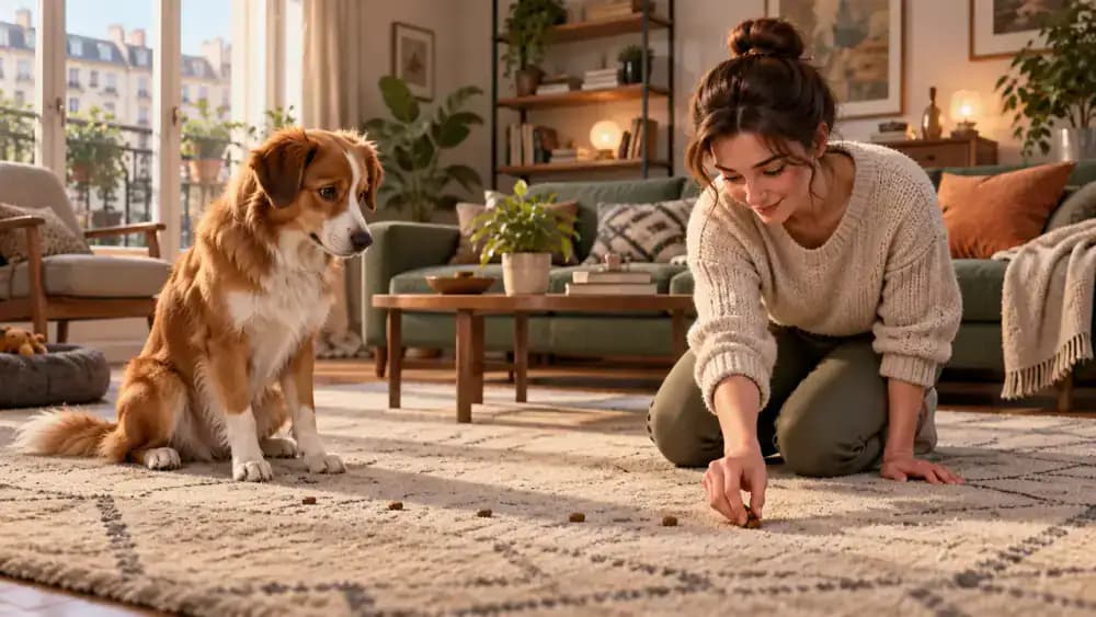 Dog watching an owner place visible kibble pieces across the floor