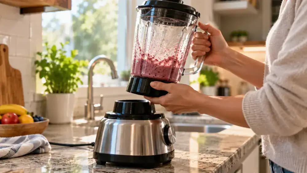 Adult hands lifting a transparent blender jar straight up from its dry motor base, with the power plug visibly disconnected and the jar being placed on a nonslip kitchen countertop mat.