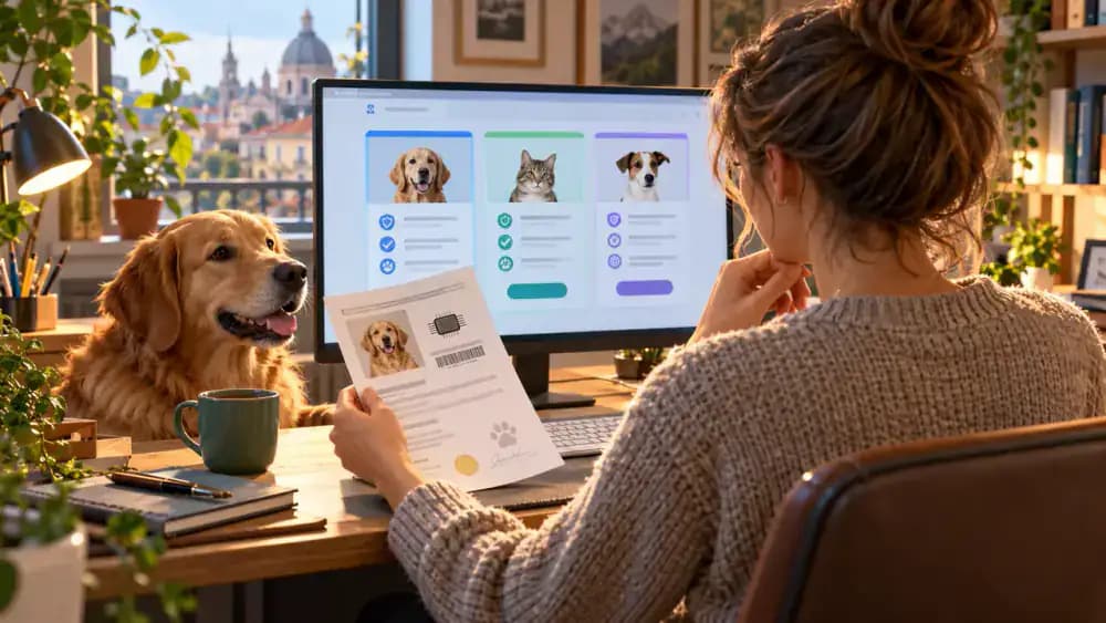A pet owner comparing a microchip certificate with official registry information on a computer, with a decision path showing the provider and veterinary clinic as sources of assistance.