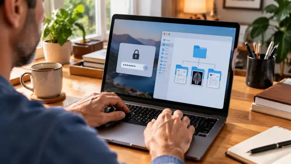 Close-up of a laptop file manager showing a Specialist Appointment folder with subfolders labeled Referrals, Reports, and Visit Summaries, alongside account security settings for password protection and automatic screen locking.