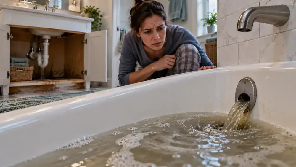 Bathroom plumbing warning signs showing murky water backing up through a white bathtub drain, bubbles around a sink drain, and a homeowner visually checking beneath the sink for leaks without touching pipes.