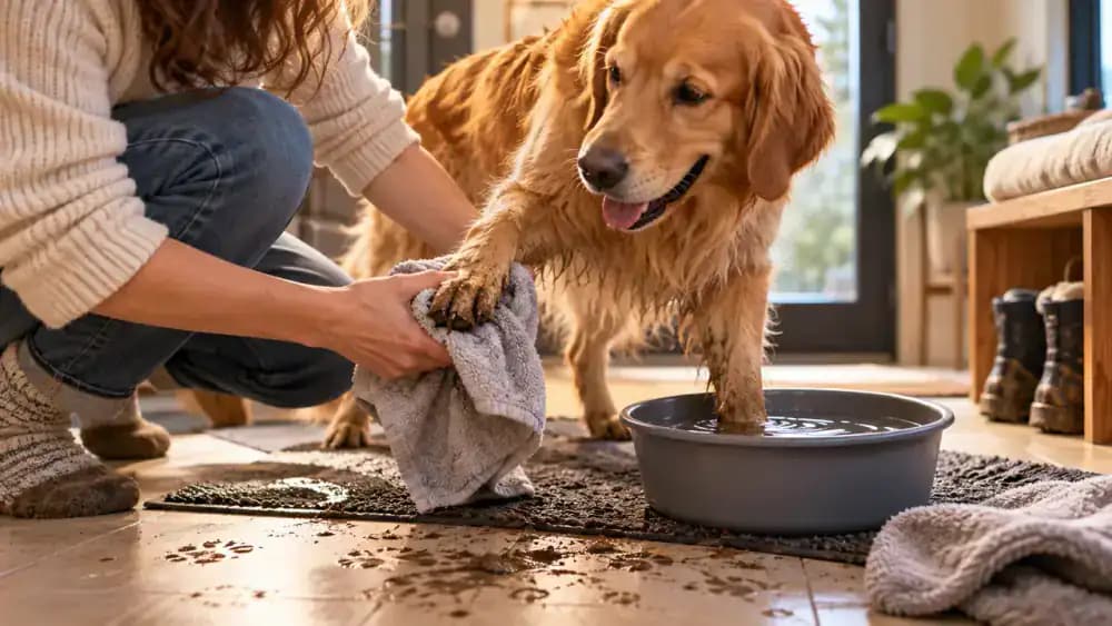 Floor-level close-up of an owner wiping light dust from one golden retriever paw with a damp microfiber cloth while gently rinsing a second muddy paw in a shallow bowl of water.