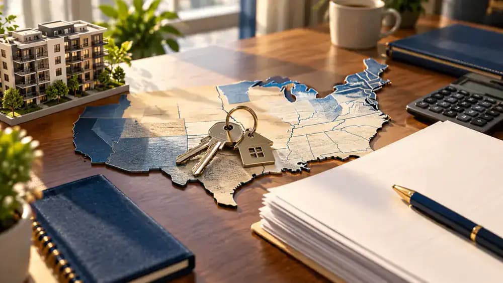 Map of the United States surrounded by legal documents and apartment keys, representing different rental laws.