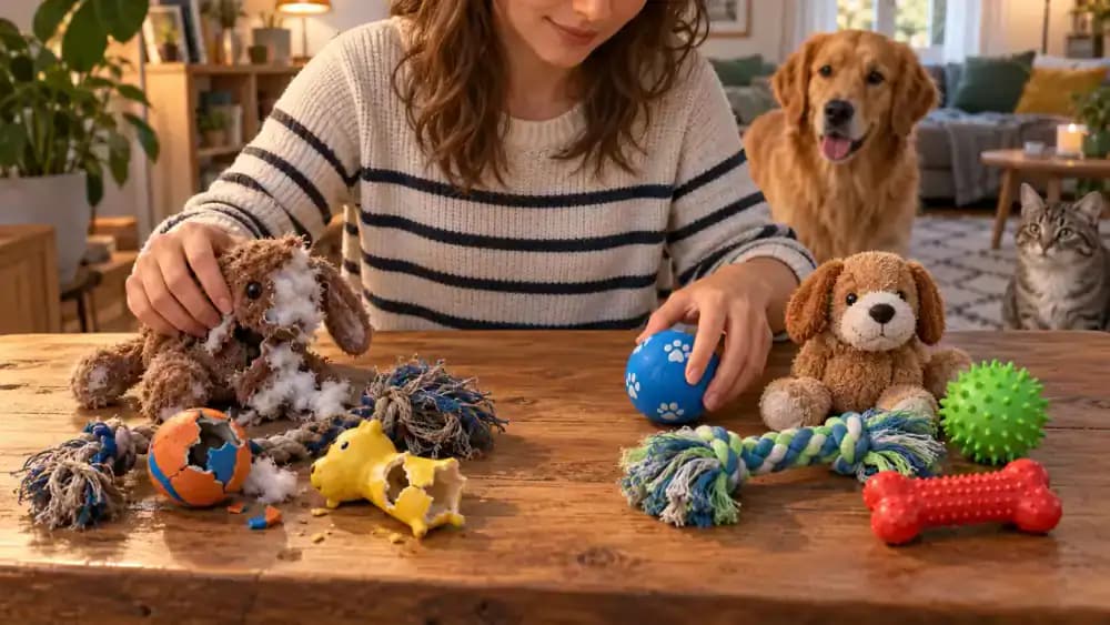 Damaged pet toys separated from intact toys during a safety inspection
