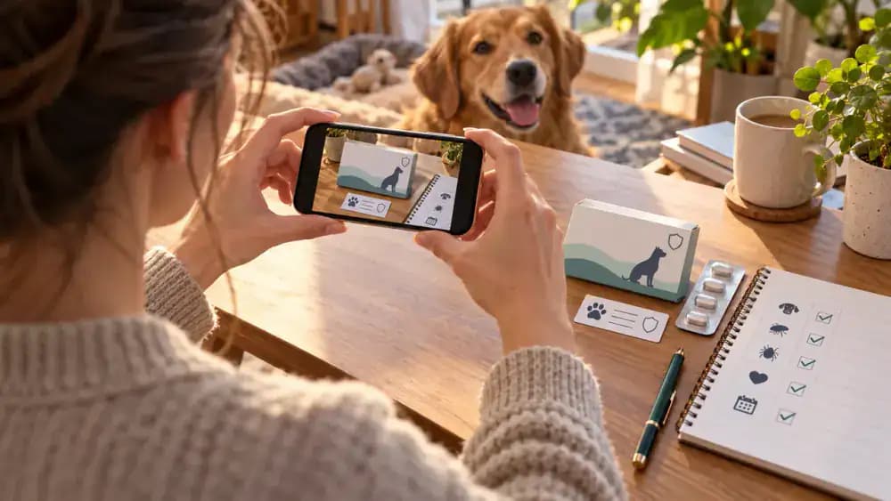 Close-up of a pet owner recording a product name, approved animal, label instructions, administration date, and veterinarian-confirmed next due date, with a label photo attached to the digital record.