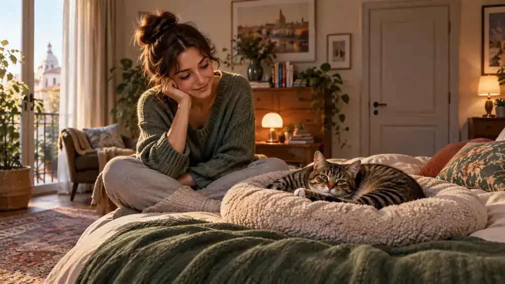 Relaxed tabby cat resting on a familiar cushion while its owner sits nearby in a sunny bedroom