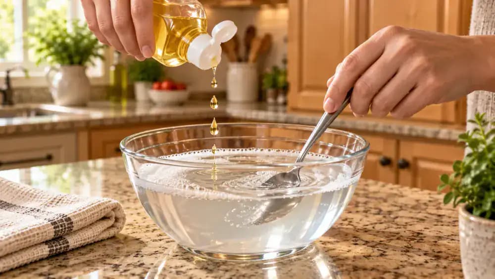 Close-up of hands adding three drops of mild dish soap to a clear glass bowl containing 2 cups of warm water, then gently stirring with a teaspoon on a kitchen countertop beside satin-finished oak cabinets.