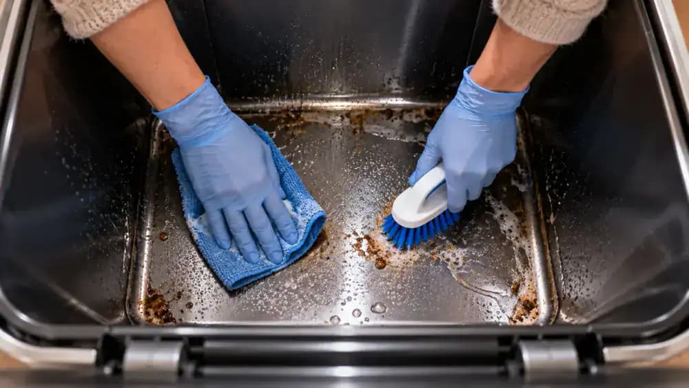 Gloved person applying cleaning solution with a soft cloth and brush to loosen dried sticky residue on the bottom inside a trash can.
