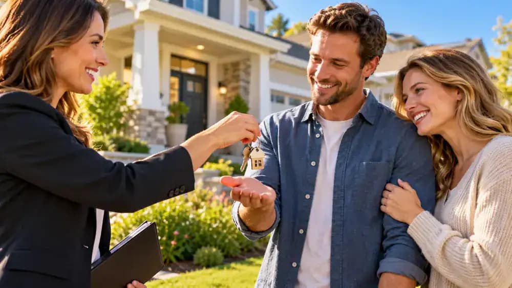 New homeowners receiving house keys, symbolizing a significant financial investment.