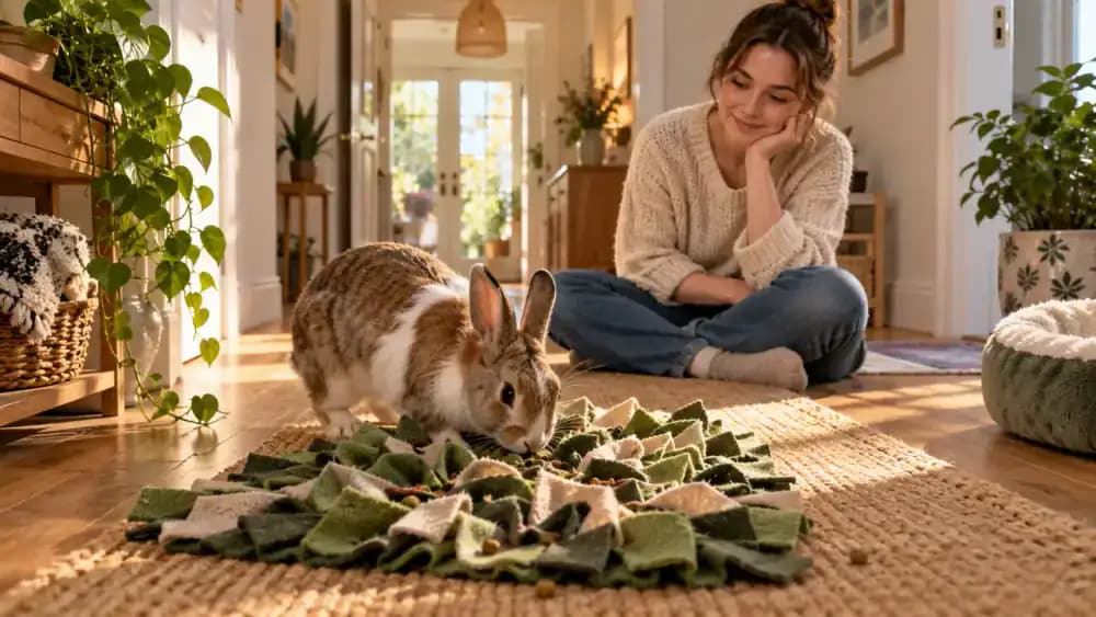 Rabbit circling and sniffing a simple forage puzzle mat