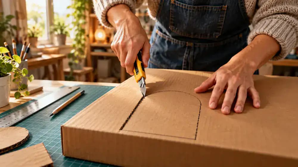 Adult marking rounded doorways on cardboard boxes with a pencil and ruler, cutting openings on a mat, and smoothing the edges.