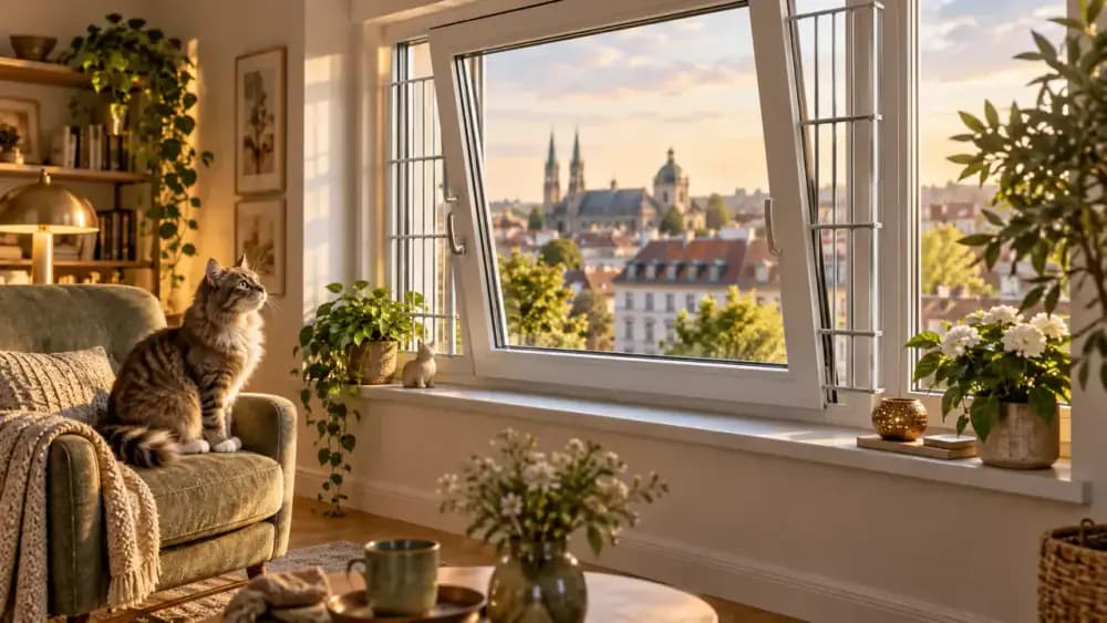 Inward-tilted window fitted with protective side guards while a cat sits safely on a nearby chair