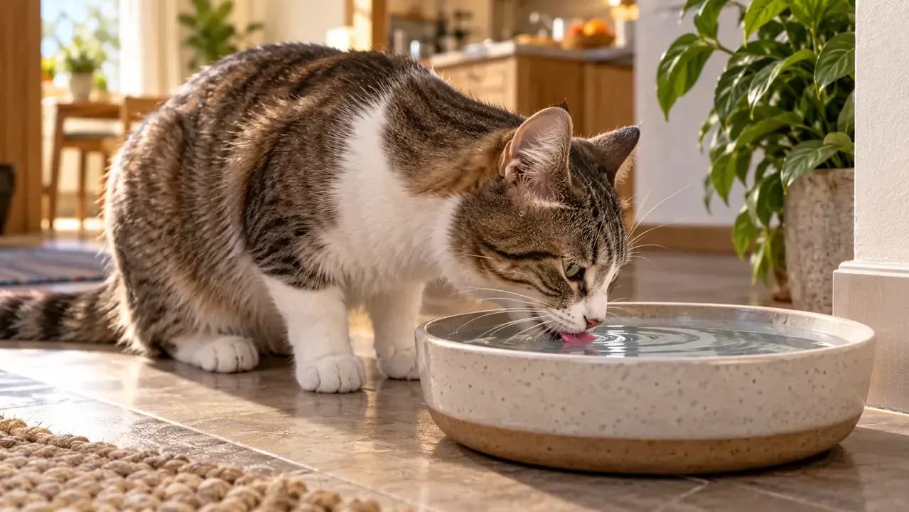 Cat comfortably drinking from a wide shallow ceramic bowl with whiskers clear of the rim