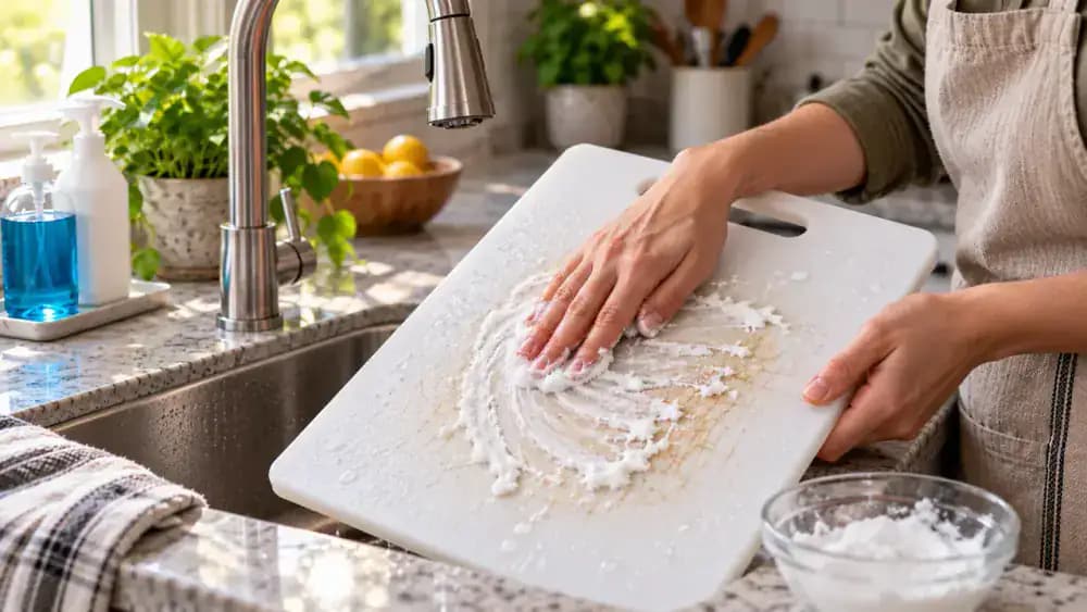 Hand scrubbing baking soda paste into shallow knife marks on a damp white plastic cutting board beside a kitchen sink