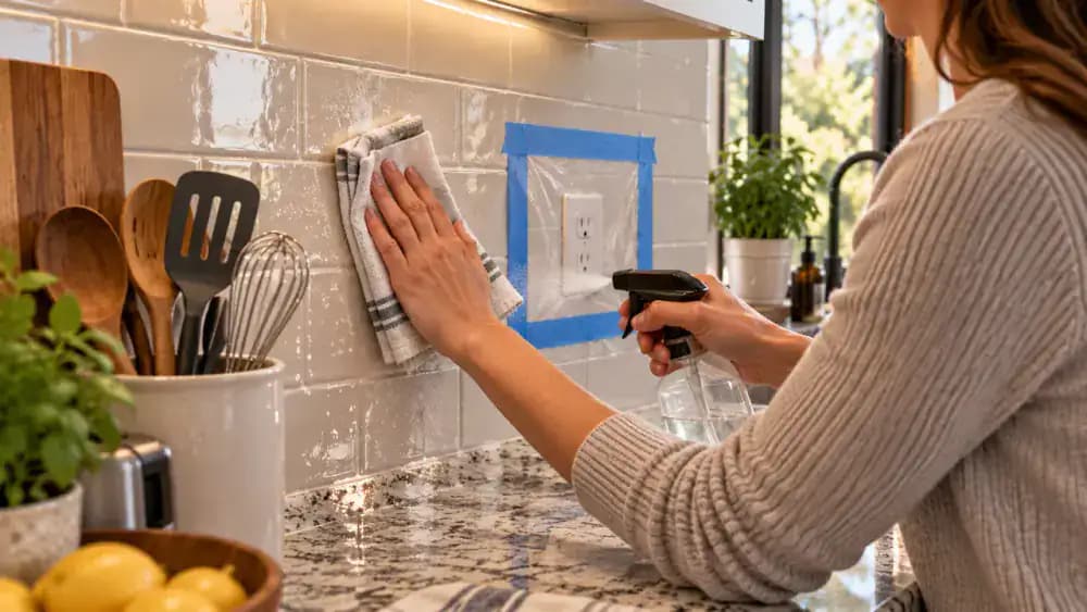 Hand applying surface-compatible degreaser to a microfiber cloth and wiping a 2-foot backsplash section downward beside a dry electrical outlet.