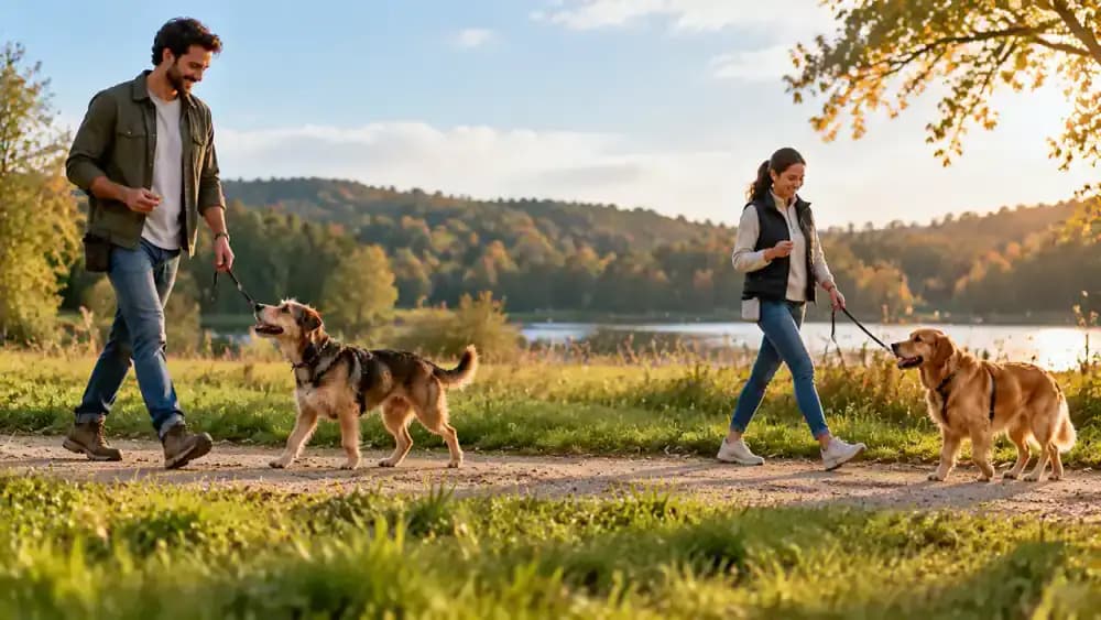 Two dogs walking in the same direction along a grassy park path with separate handlers maintaining several yards of distance while one dog sniffs a tree.